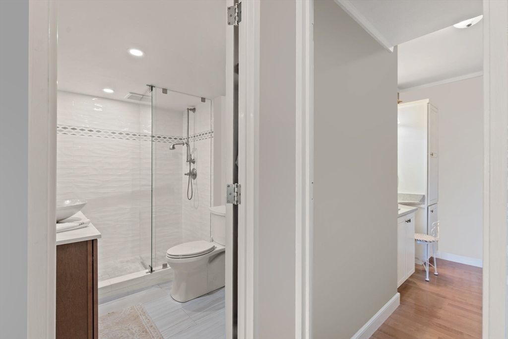 Bathroom, Glass Shower, Interior, Recessed Lighting, Wood Texture Flooring
