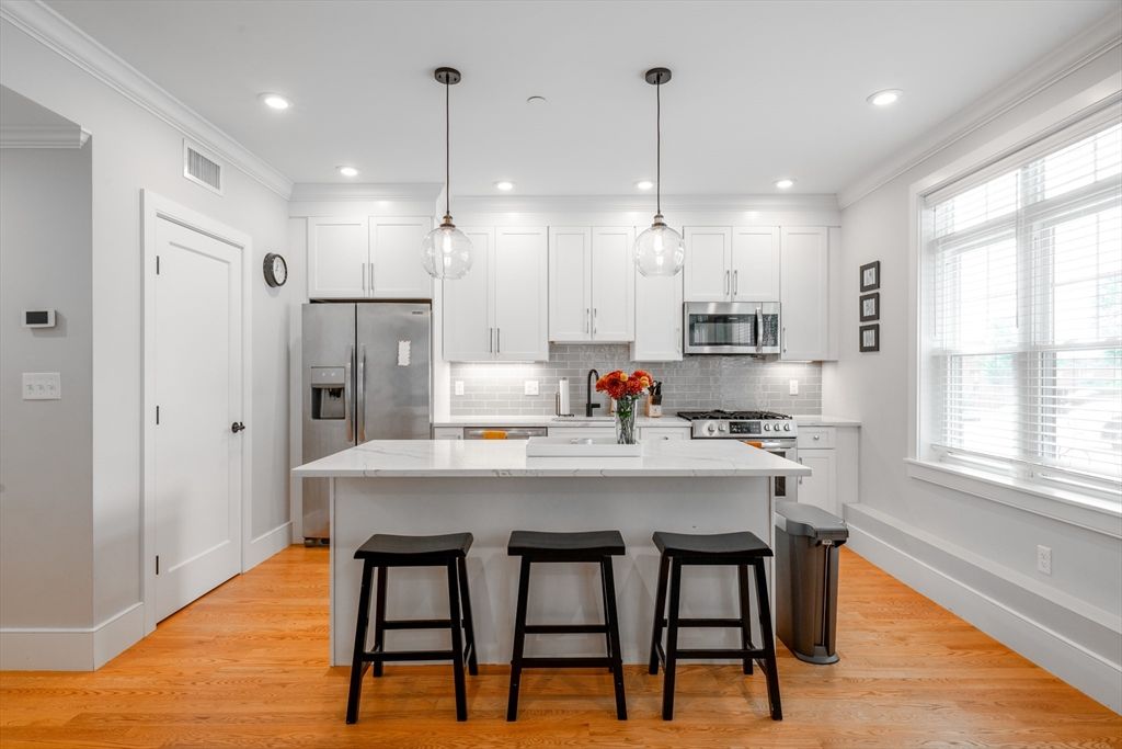 Interior, Kitchen, Pendant Lights, Recessed Lighting, Stainless Steel Appliances, Wood Texture Flooring