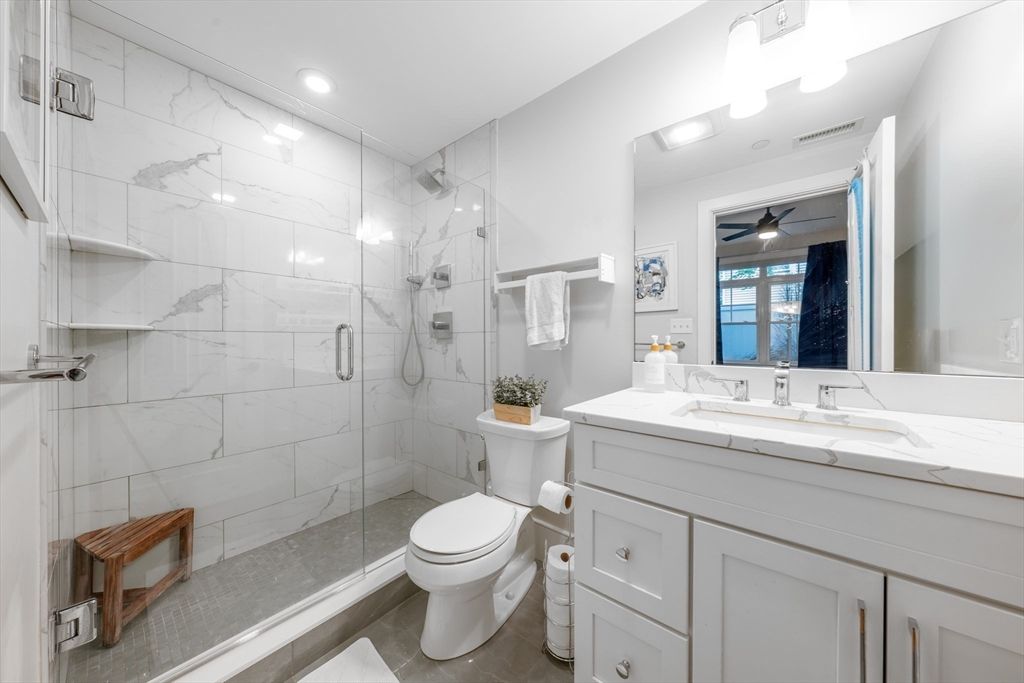 Bathroom, Glass Shower, Interior, Marble Walls, Recessed Lighting