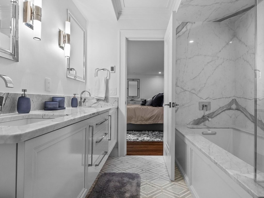 Bathroom, Bedroom, Dual Sink Vanities, Glass Shower, Interior, Marble Walls