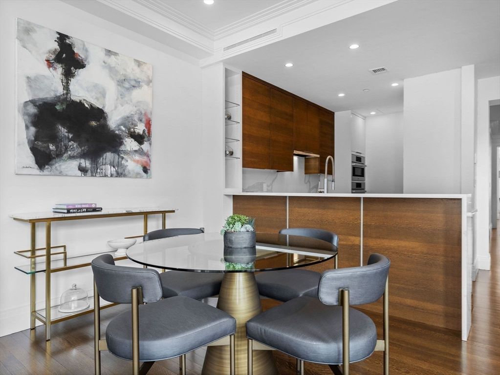 Dining room, Interior, Kitchen, Recessed Lighting, Stainless Steel Appliances, Wood Texture Flooring