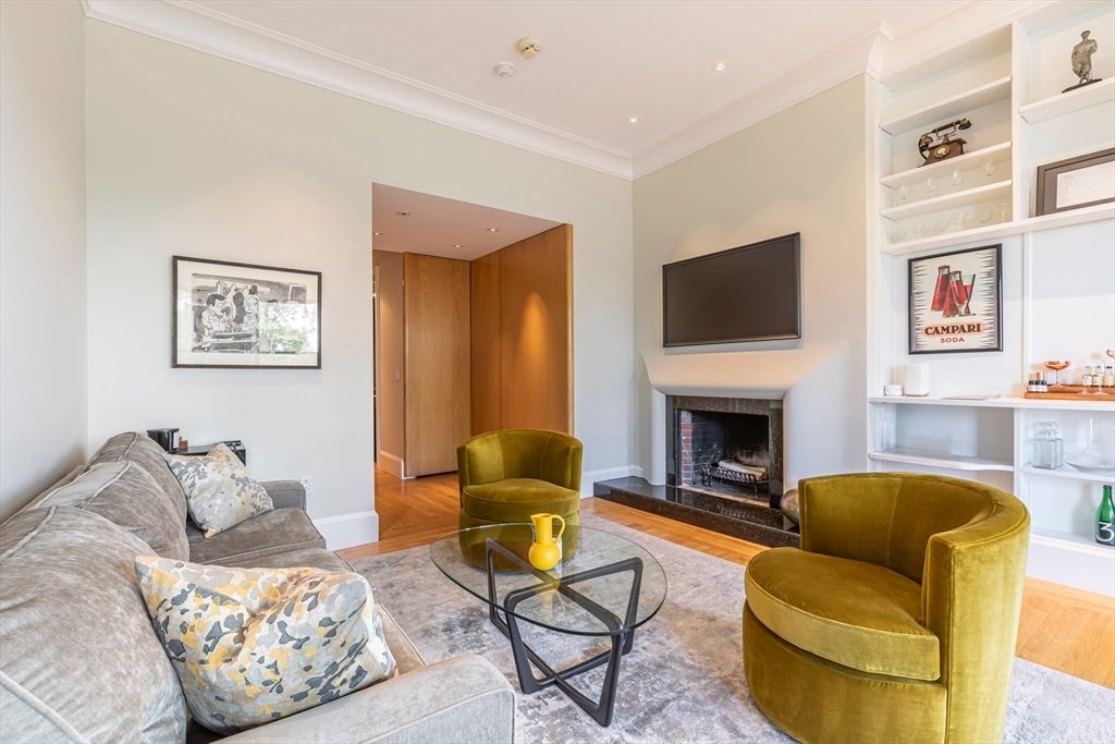 Fireplace, Interior, Living room, Recessed Lighting, Wood Texture Flooring