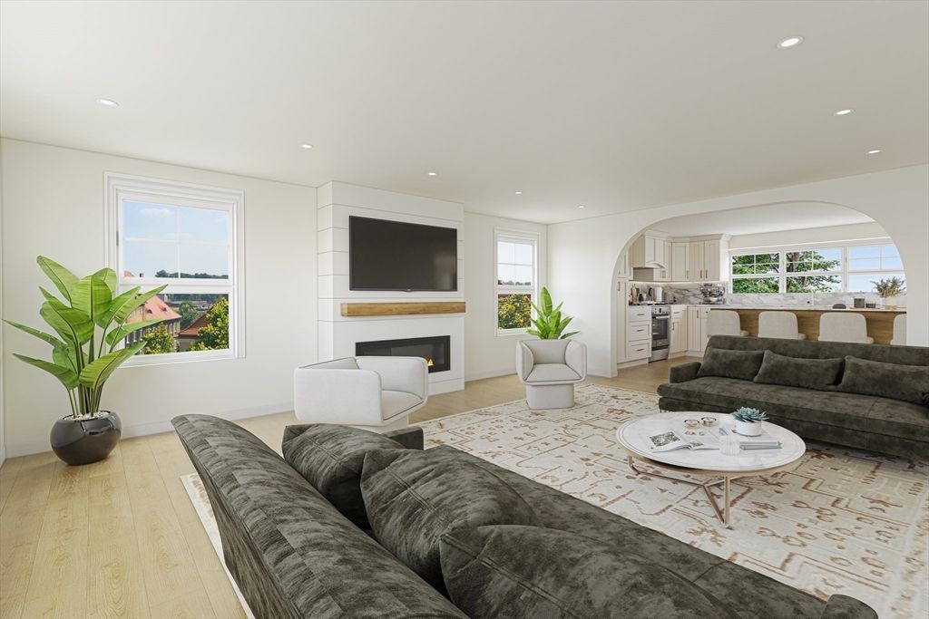 Fireplace, Interior, Kitchen, Living room, Recessed Lighting, Wood Texture Flooring