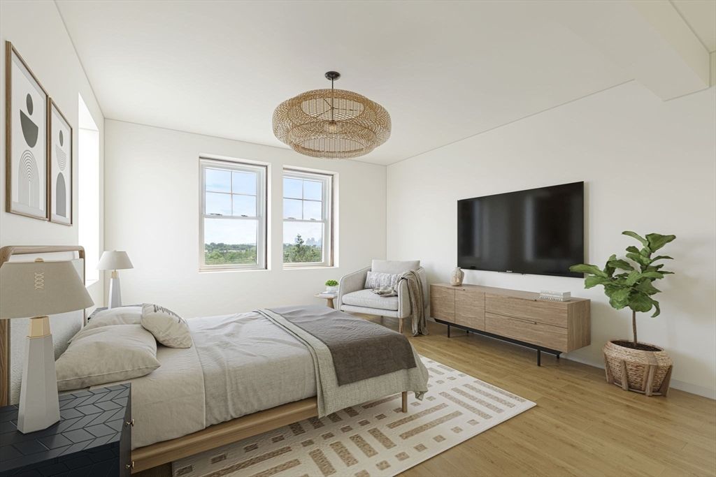 Bedroom, Chandelier, Interior, Wood Texture Flooring