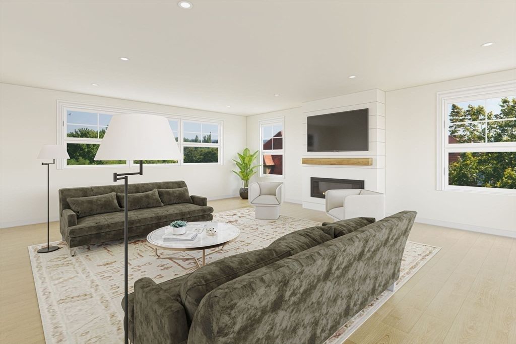 Fireplace, Interior, Living room, Recessed Lighting, Wood Texture Flooring