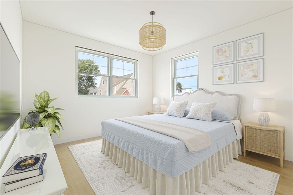 Bedroom, Interior, Pendant Lights, Wood Texture Flooring