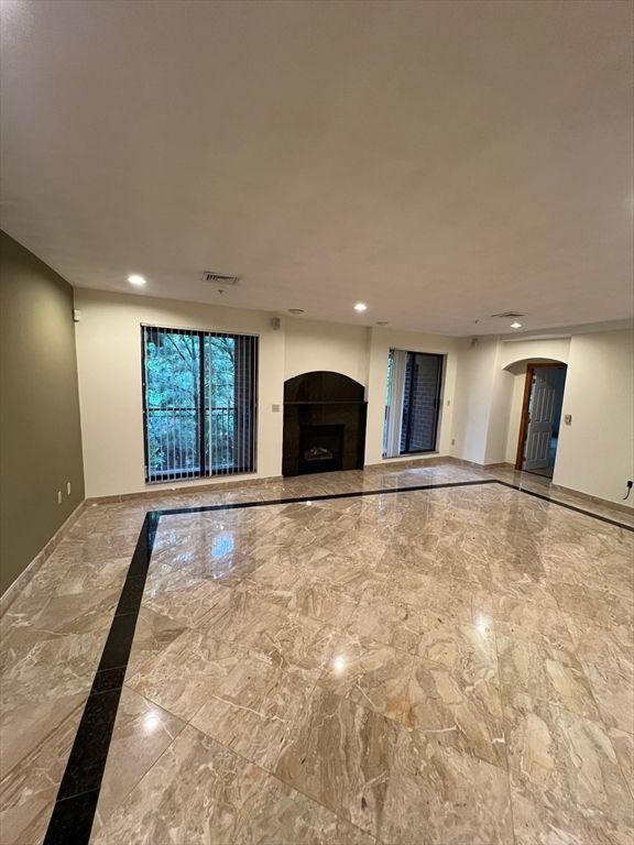 Empty room, Fireplace, Interior, Marble, Recessed Lighting