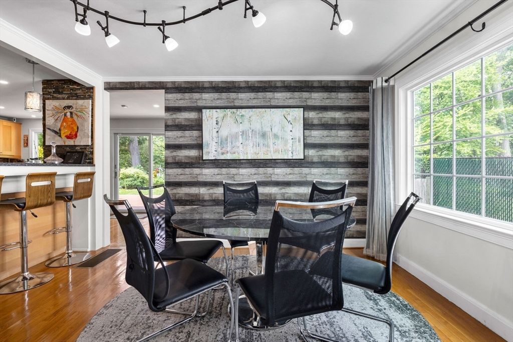 Dining room, Interior, Recessed Lighting, Wood Texture Flooring, Wooden Walls