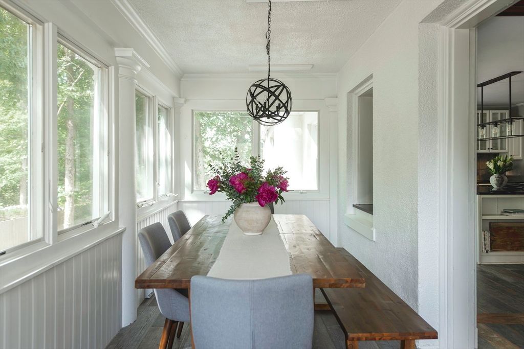 Dining room, Interior, Pendant Lights, Wood Texture Flooring