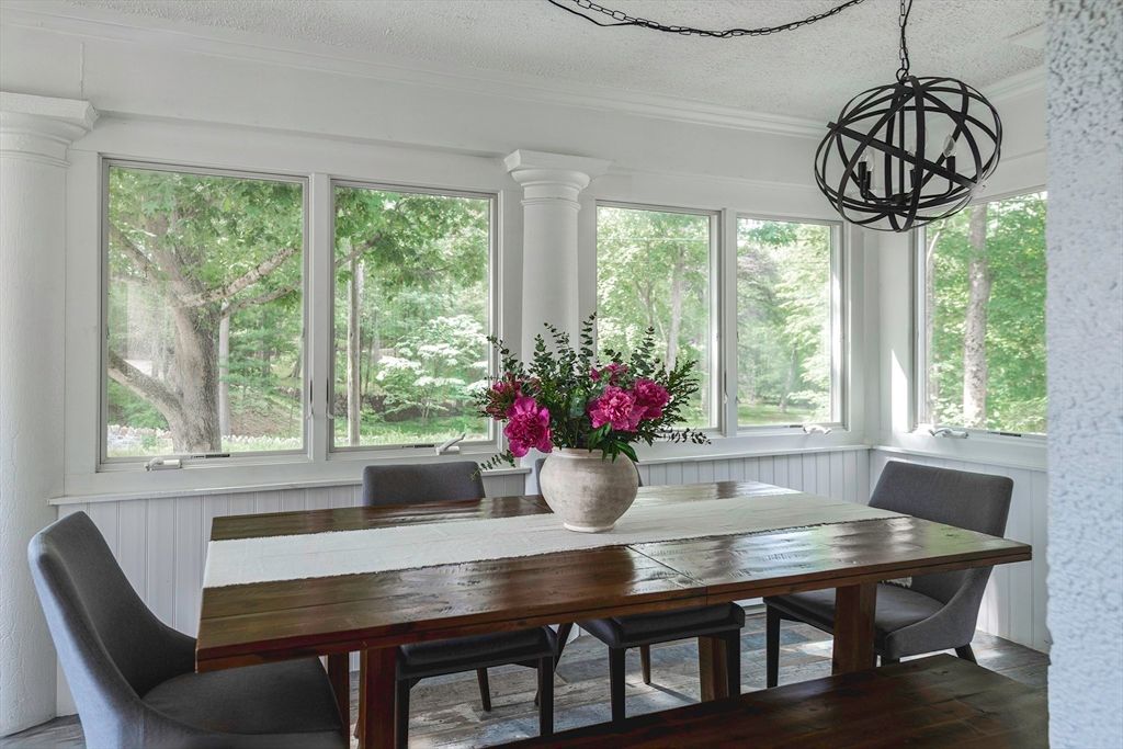 Dining room, Interior, Pendant Lights, Wood Texture Flooring