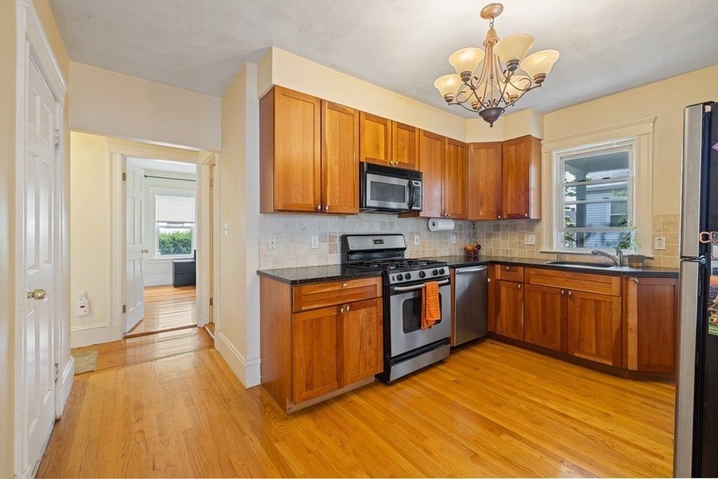 Chandelier, Interior, Kitchen, Stainless Steel Appliances, Wood Texture Flooring
