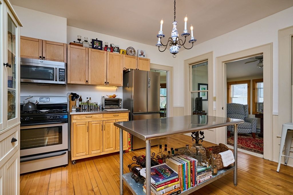 Chandelier, Interior, Kitchen, Stainless Steel Appliances, Wood Texture Flooring