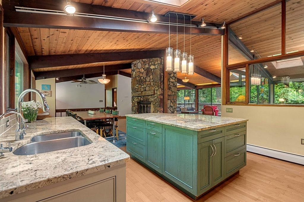 Fireplace, Interior, Kitchen, Pendant Lights, Wooden Beams, Wooden Ceilings, Wood Texture Flooring