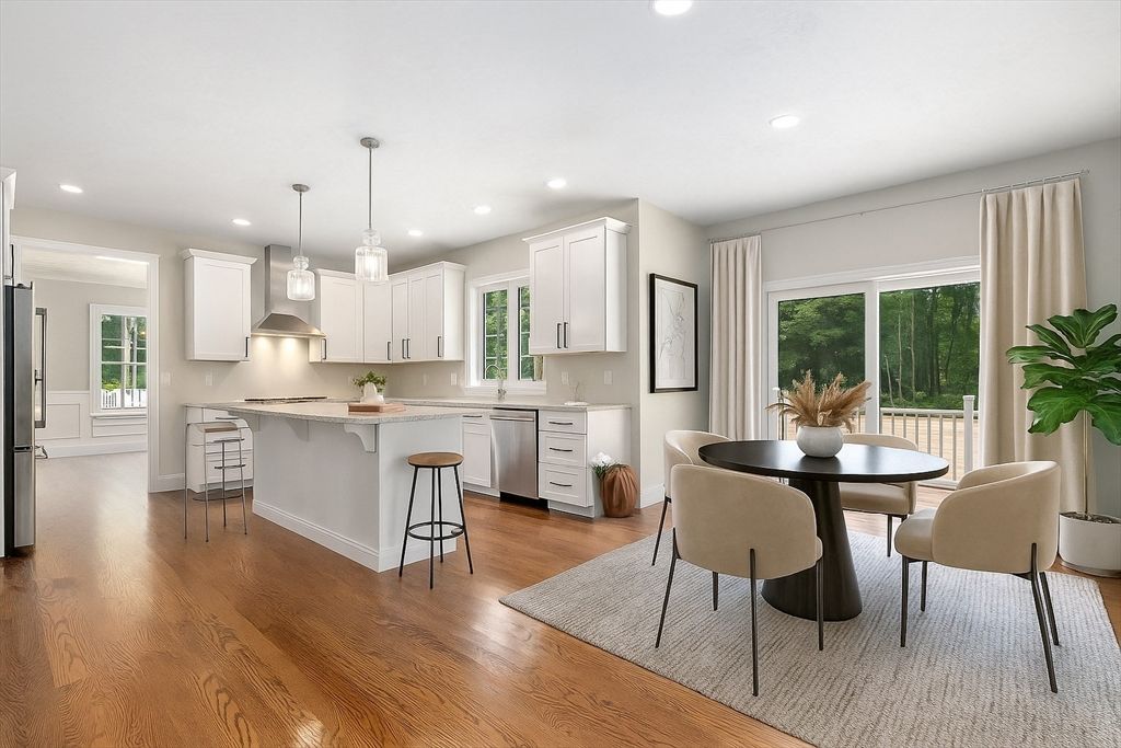 Dining room, Interior, Kitchen, Pendant Lights, Recessed Lighting, Stainless Steel Appliances, Wood Texture Flooring