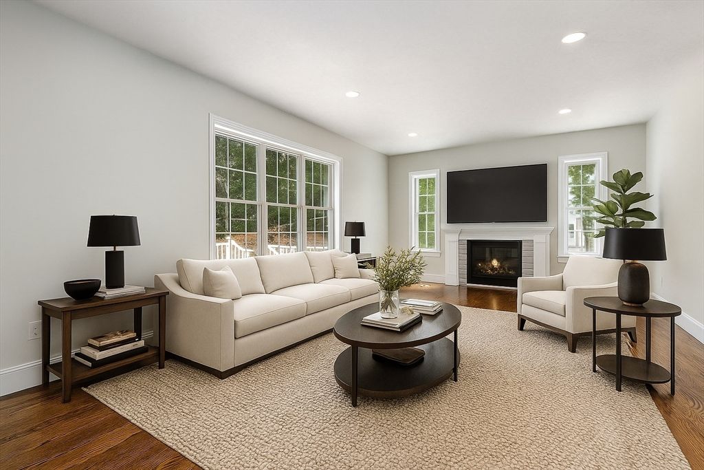 Fireplace, Interior, Living room, Recessed Lighting, Wood Texture Flooring