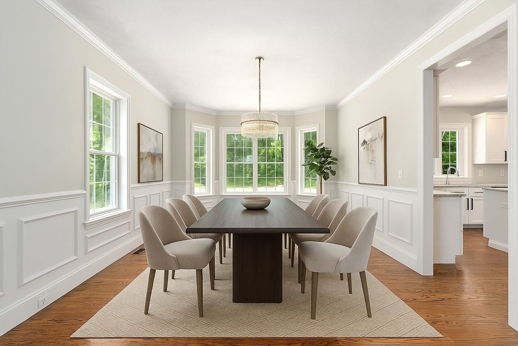 Chandelier, Dining room, Interior, Kitchen, Recessed Lighting, Wood Texture Flooring