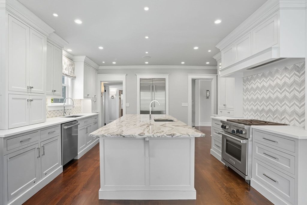 Interior, Kitchen, Recessed Lighting, Stainless Steel Appliances, Wood Texture Flooring