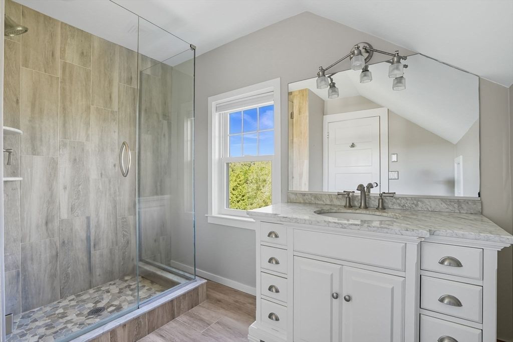 Bathroom, Glass Shower, Interior, Wood Texture Flooring