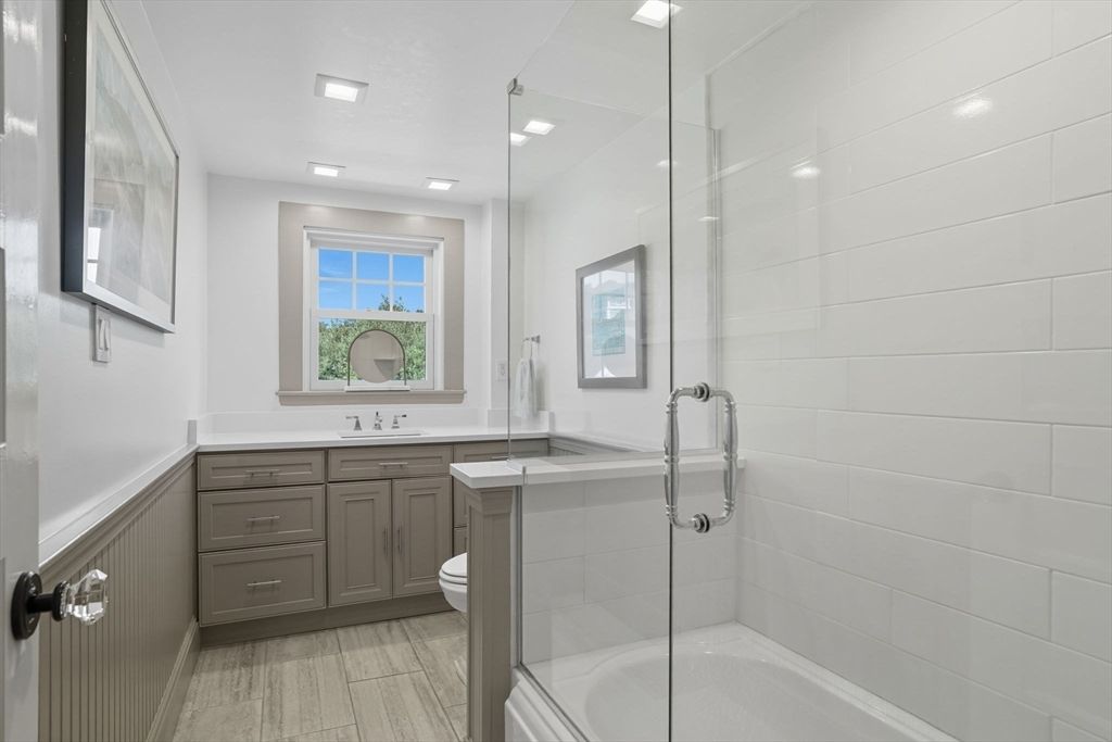 Bathroom, Glass Shower, Interior, Recessed Lighting, Wood Texture Flooring