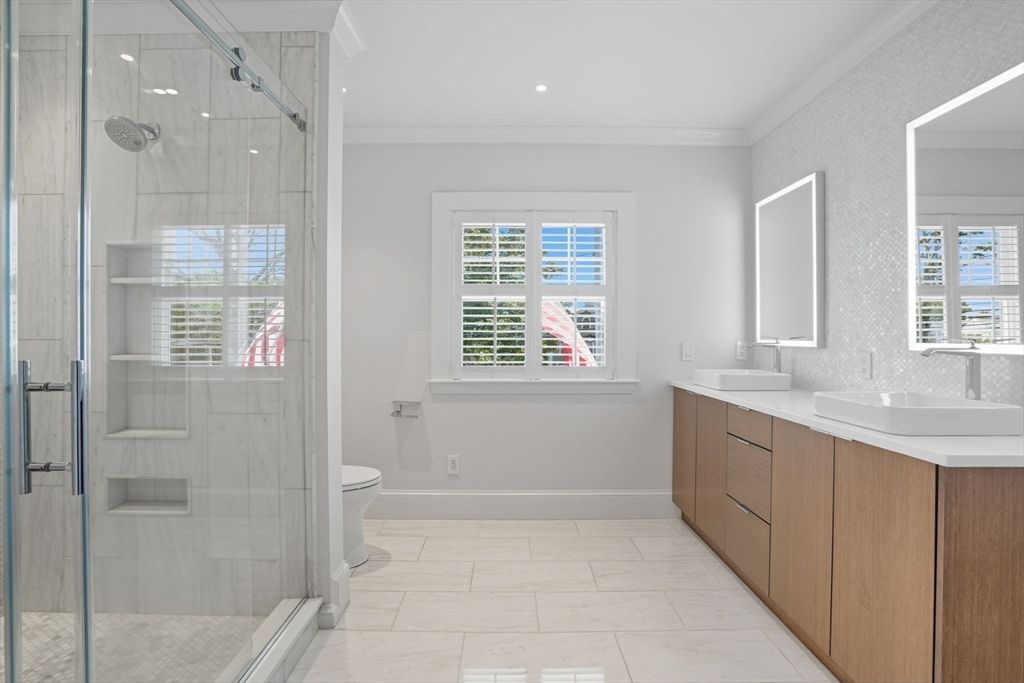 Bathroom, Dual Sink Vanities, Glass Shower, Interior, Recessed Lighting