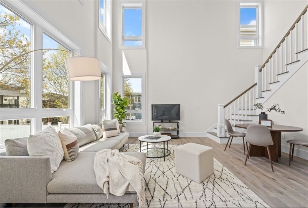 Dining room, Interior, Living room, Pendant Lights, Wood Texture Flooring