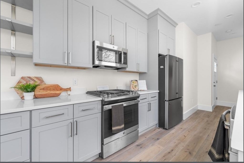 Interior, Kitchen, Recessed Lighting, Stainless Steel Appliances, Wood Texture Flooring