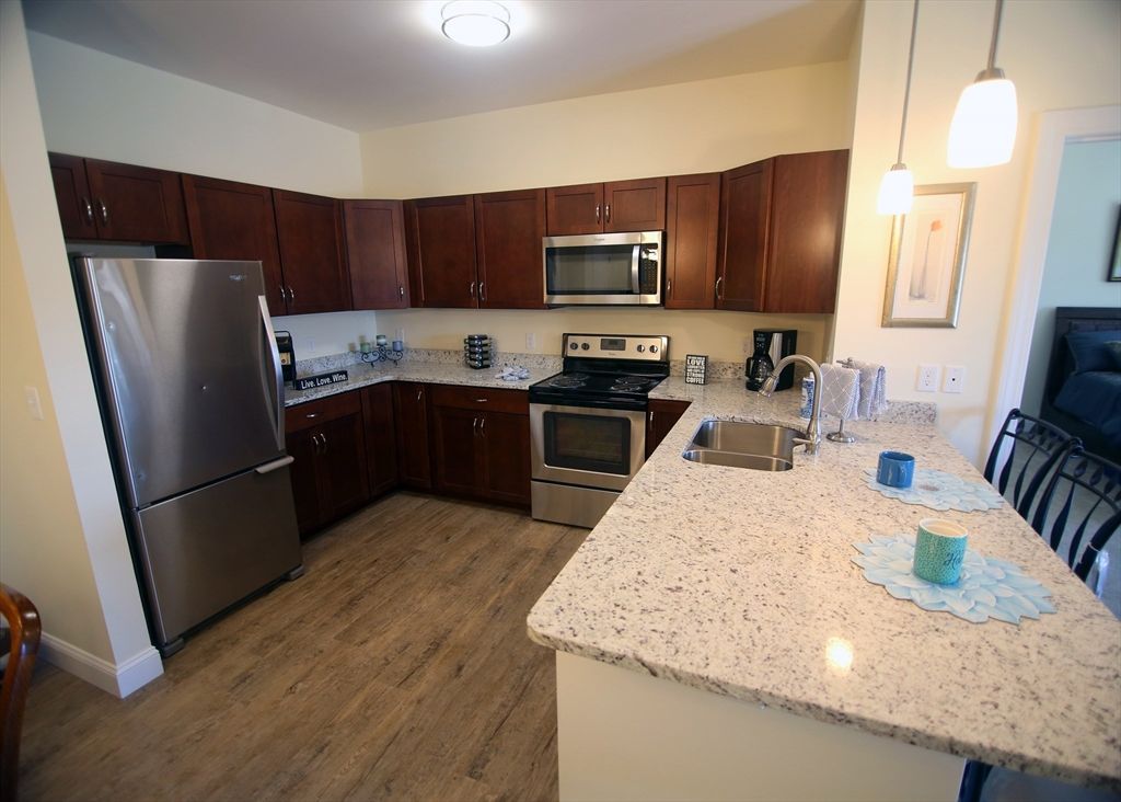 Interior, Kitchen, Pendant Lights, Stainless Steel Appliances, Wood Texture Flooring