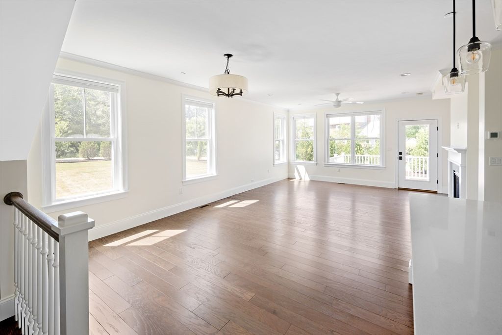 Empty room, Fireplace, Interior, Pendant Lights, Recessed Lighting, Wood Texture Flooring