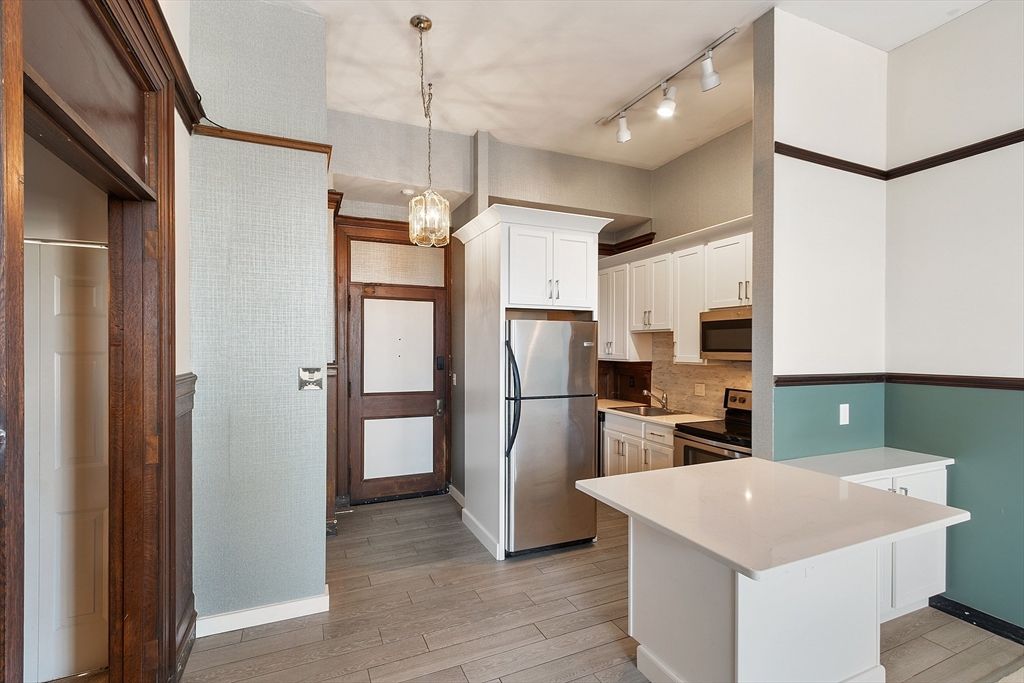 Interior, Kitchen, Pendant Lights, Stainless Steel Appliances, Wood Texture Flooring