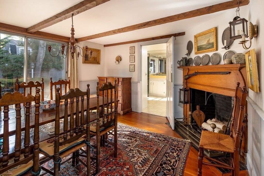 Dining room, Fireplace, Interior, Wooden Beams, Wood Texture Flooring