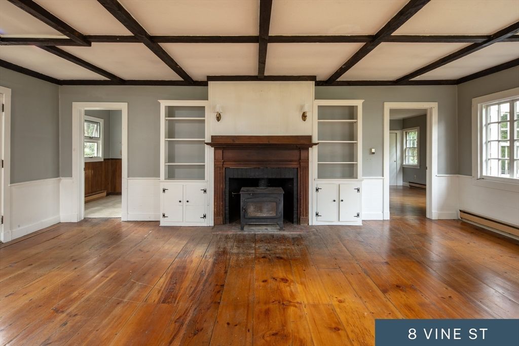 Empty room, Fireplace, Interior, Wooden Beams, Wood Texture Flooring