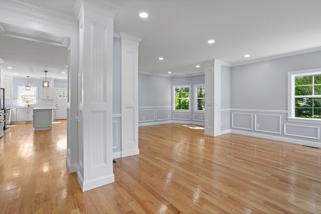 Empty room, Interior, Kitchen, Pendant Lights, Recessed Lighting, Wood Texture Flooring