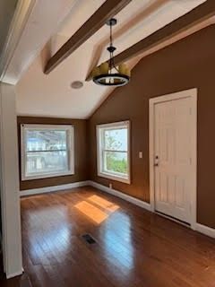 Chandelier, Empty room, Interior, Pendant Lights, Wooden Beams, Wood Texture Flooring