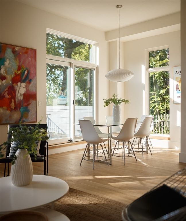 Dining room, Interior, Pendant Lights, Wood Texture Flooring