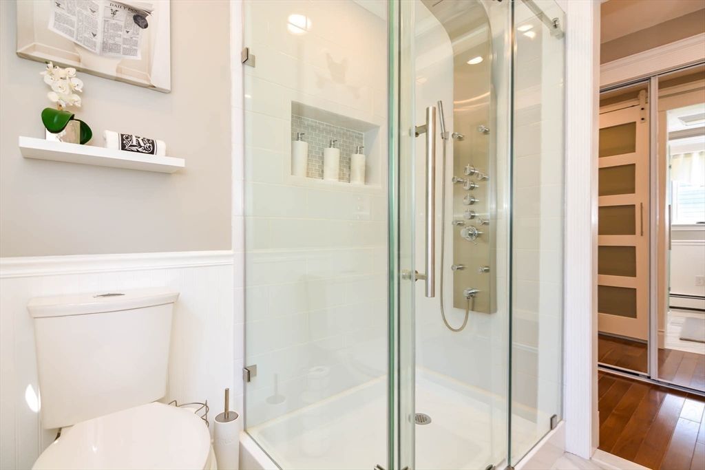 Bathroom, Glass Shower, Interior, Recessed Lighting, Wood Texture Flooring