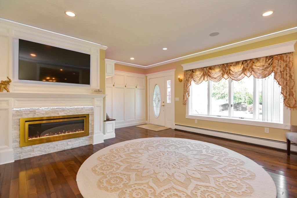 Fireplace, Interior, Recessed Lighting, Wood Texture Flooring