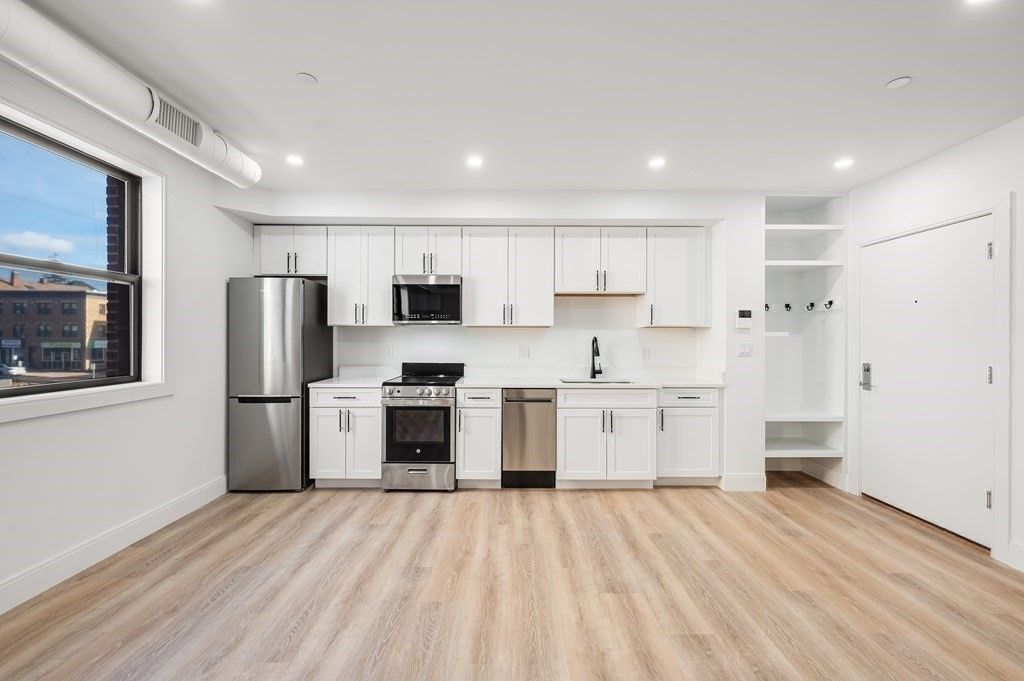 Interior, Kitchen, Recessed Lighting, Stainless Steel Appliances, Wood Texture Flooring