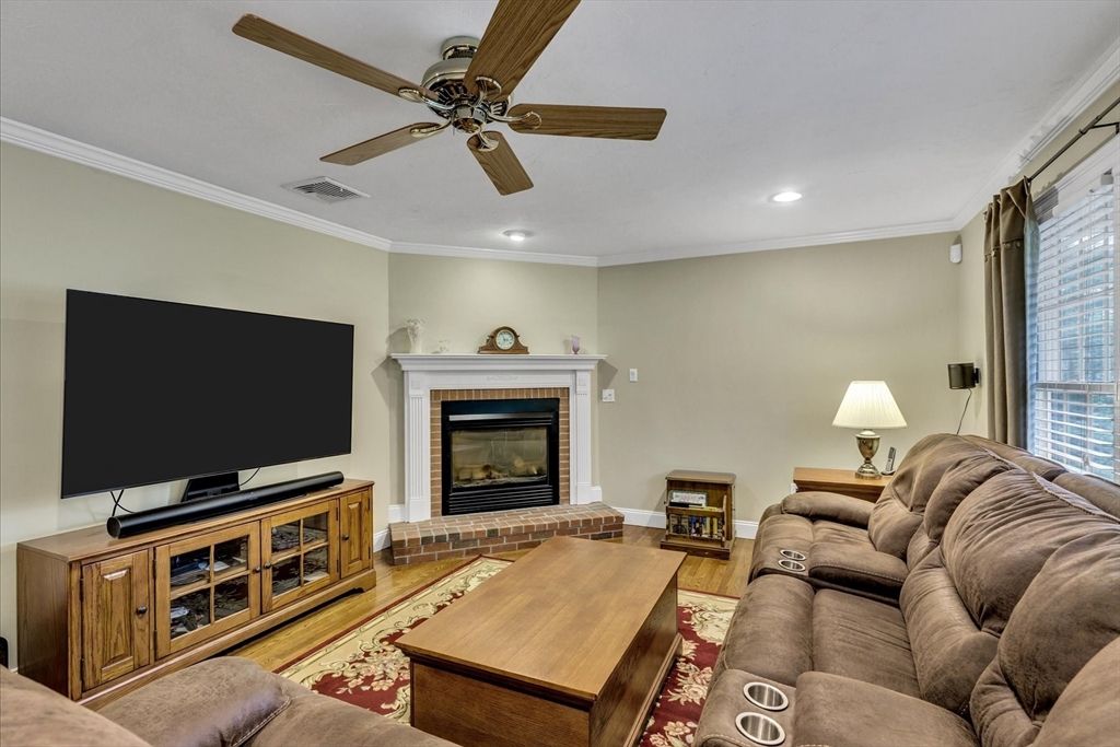 Fireplace, Interior, Living room, Recessed Lighting, Wood Texture Flooring