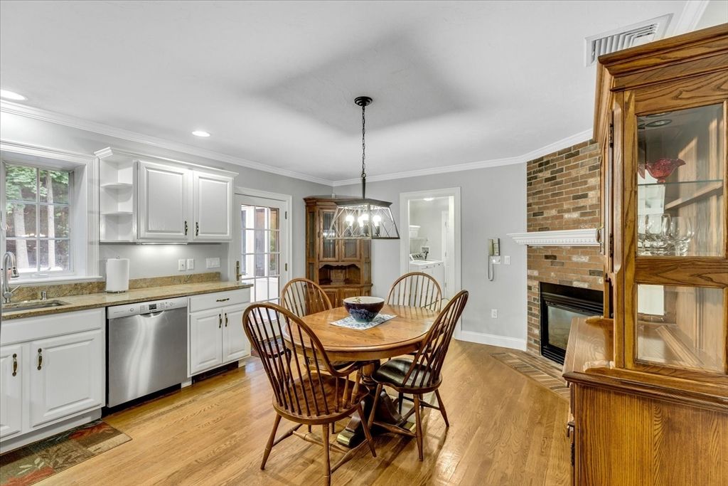 Dining room, Fireplace, Interior, Kitchen, Pendant Lights, Recessed Lighting, Stone Walls, Wood Texture Flooring