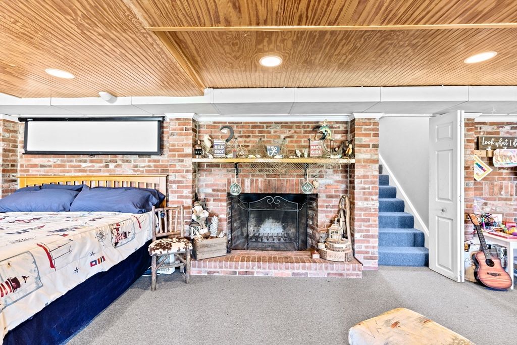 Bedroom, Fireplace, Interior, Recessed Lighting, Stone Walls, Wooden Ceilings