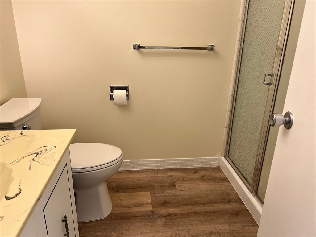 Bathroom, Glass Shower, Interior, Wood Texture Flooring