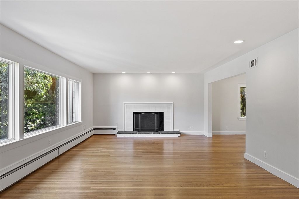 Empty room, Fireplace, Interior, Recessed Lighting, Wood Texture Flooring