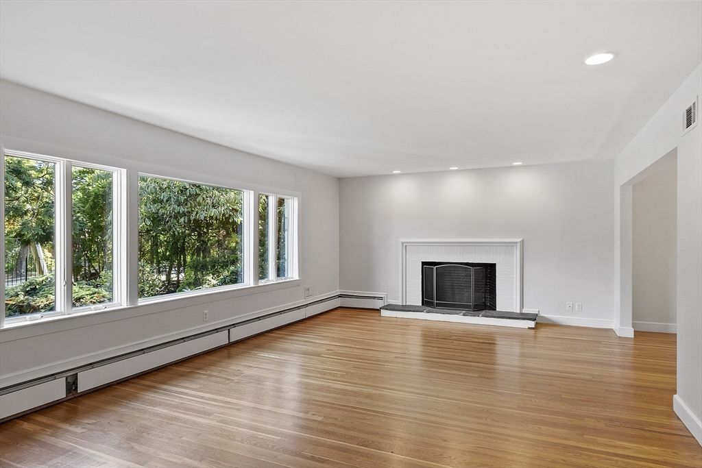 Empty room, Fireplace, Interior, Recessed Lighting, Wood Texture Flooring