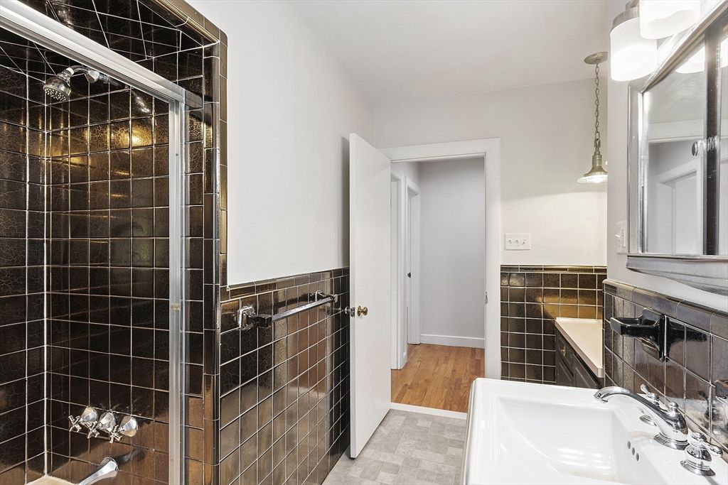 Bathroom, Glass Shower, Interior, Pendant Lights, Wood Texture Flooring