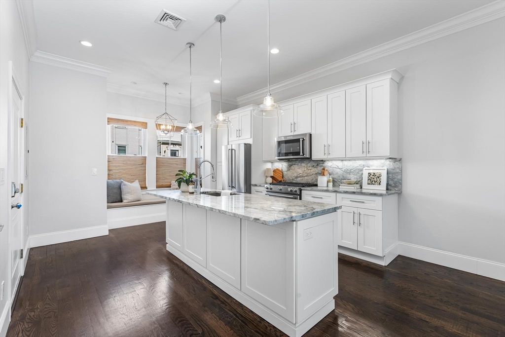 Interior, Kitchen, Pendant Lights, Recessed Lighting, Stainless Steel Appliances, Wood Texture Flooring