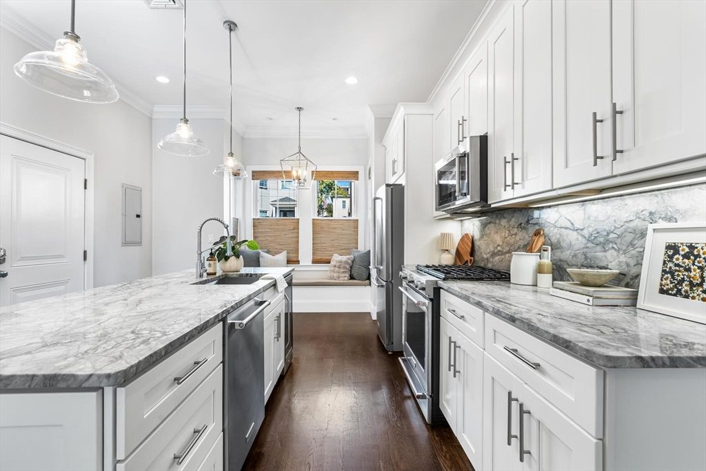Interior, Kitchen, Pendant Lights, Recessed Lighting, Stainless Steel Appliances, Wood Texture Flooring