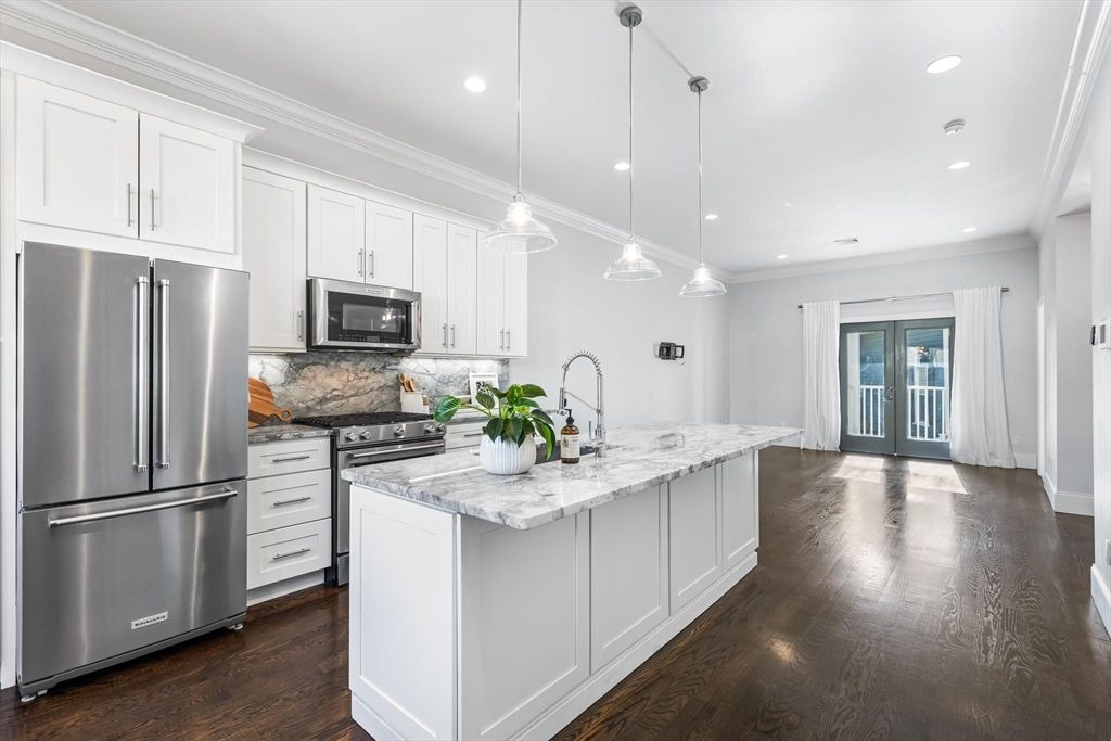 Interior, Kitchen, Pendant Lights, Recessed Lighting, Stainless Steel Appliances, Wood Texture Flooring