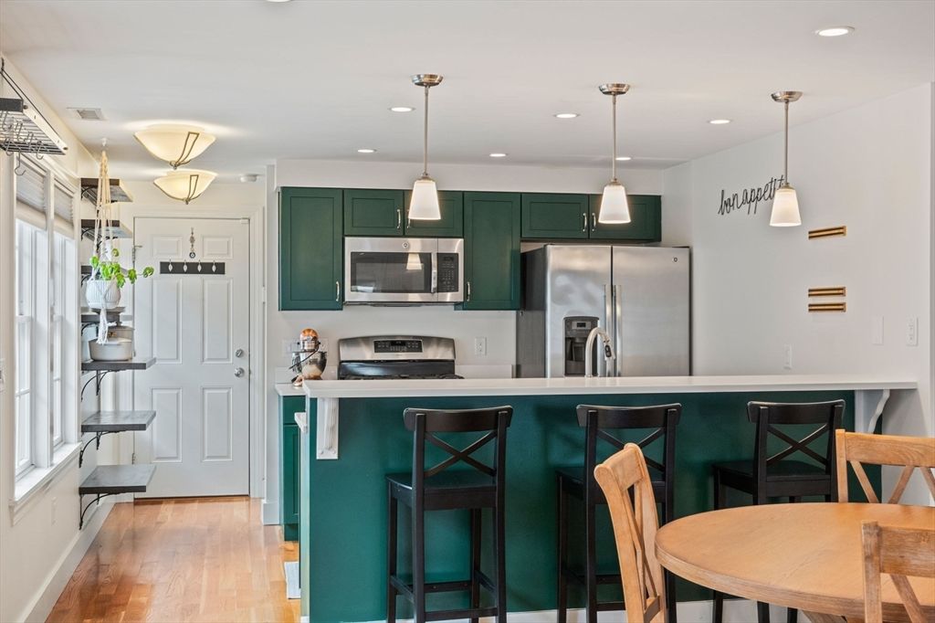 Interior, Kitchen, Pendant Lights, Recessed Lighting, Stainless Steel Appliances, Wood Texture Flooring