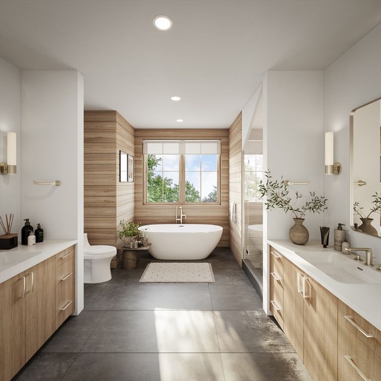 Bathroom, Dual Sink Vanities, Free Standing Baths, Interior, Recessed Lighting, Wooden Walls