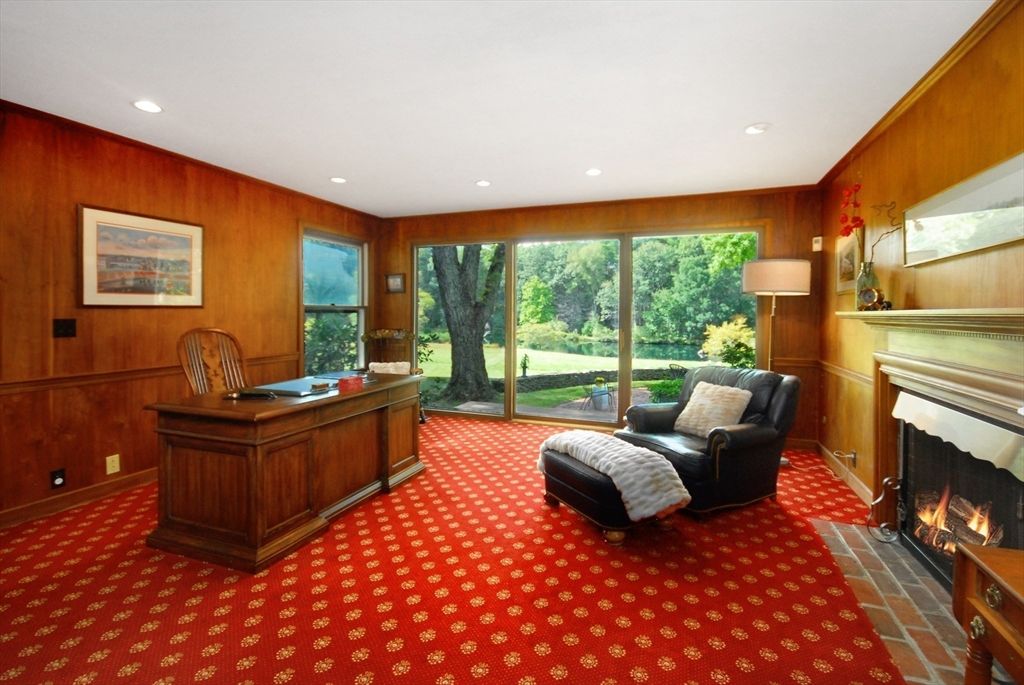 Fireplace, Home Office, Interior, Recessed Lighting, Wooden Walls